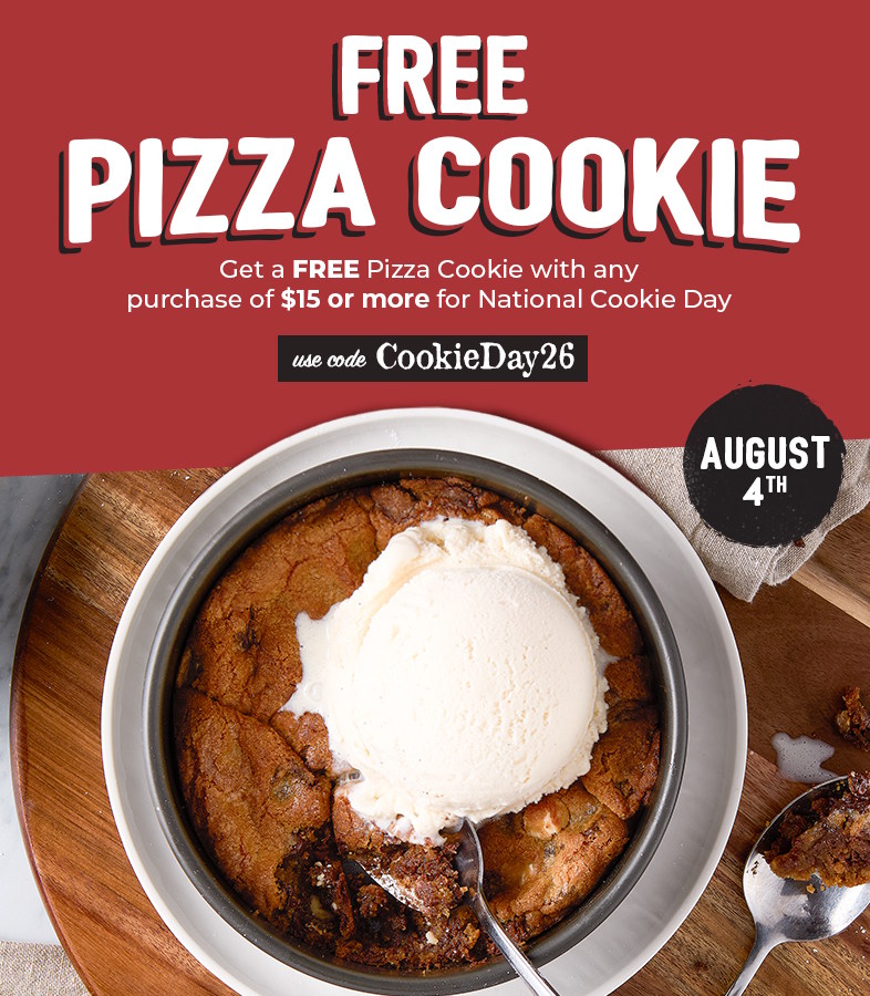 A warm, gooey pizza cookie topped with vanilla ice cream to promote the Free Pizza Cookie on August 4th for Sauce Pizza and Wine cookie day promotion.