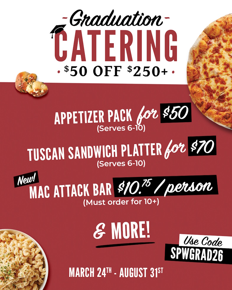 A listing of foods like appetizers, sandwich platters and mac and cheese bar available for graduation catering at $50 off $250 with promo code.