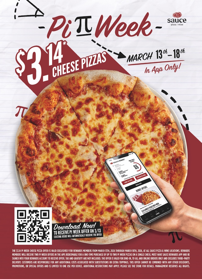 An image of a $3.14 cheese pizza and a hand holding a mobile phone with the Sauce Pizza and Wine App open and ready to order.