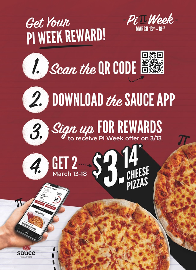 An image of a $3.14 cheese pizza and a hand holding a mobile phone with the Sauce Pizza and Wine App open and ready to order.