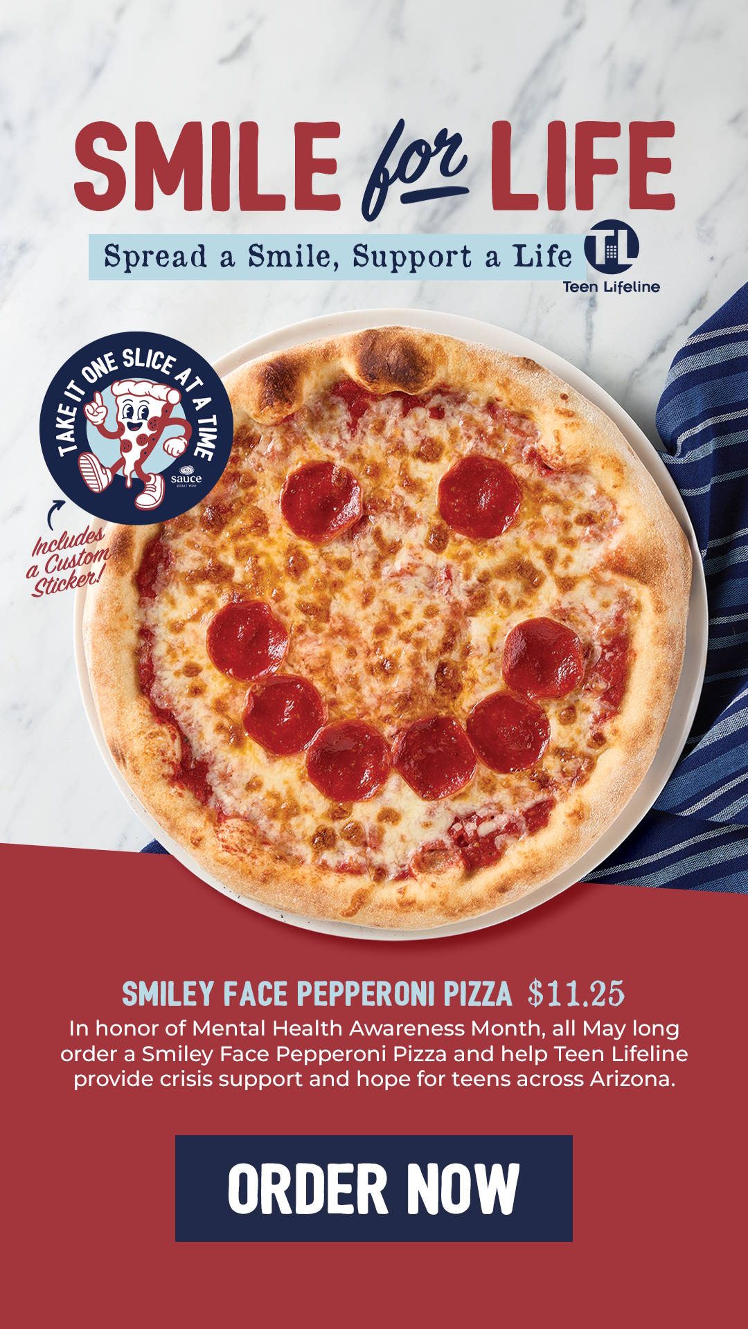 A pizza with pepperoni in the shape of a smile to raise awareness for the Smile for Life Teens in Crisis charity.