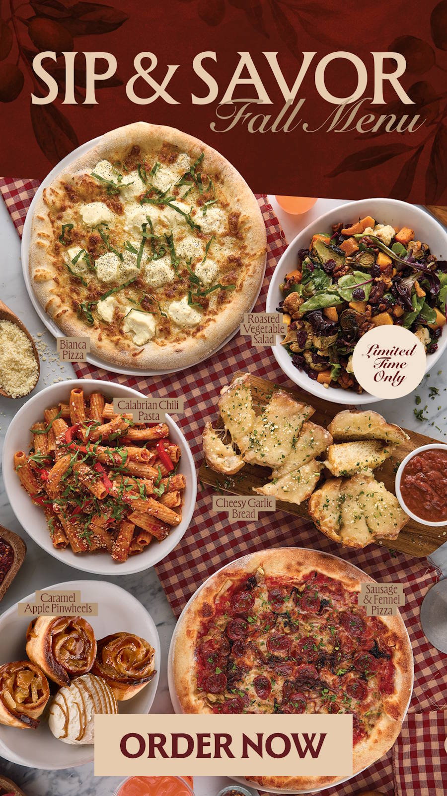 Samples of Sauce Pizza and Wine's fall menu including Garlic Cheesy Bread, Roasted Vegetable Salad, Sausage & Fennel Pizza, Carmel Apple Pinwheels and more!